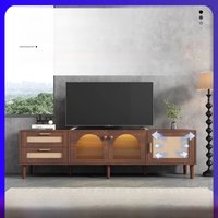 180cm Brown TV Cabinet For 80-Inch TV - With 2 Rattan Drawers, 2 Curved Glass Doors 1 Rattan Door, Led Lighting, TV Board